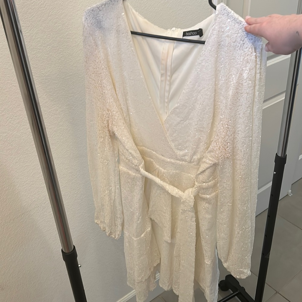 White sequin BooHoo wrap dress, short. Size 16